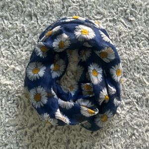 Sunflower patterned blue and gold infinite scarf.